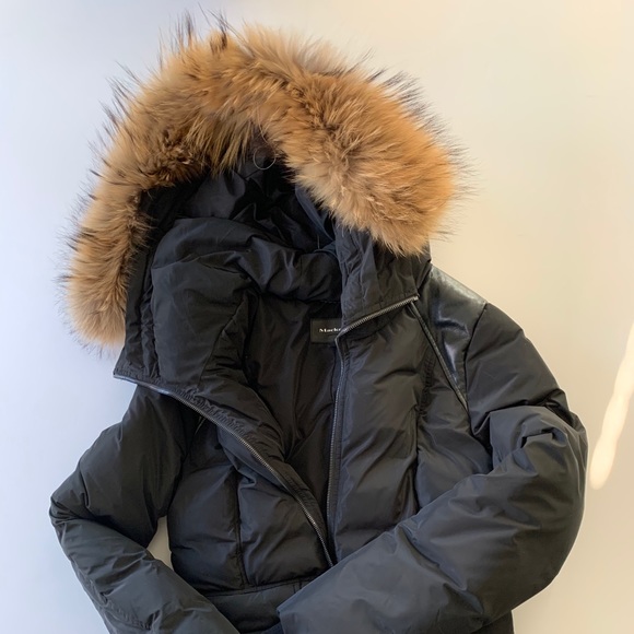 MACKAGE Coat w/ Fur Lined Hood & Leather Shoulder - Picture 2 of 7